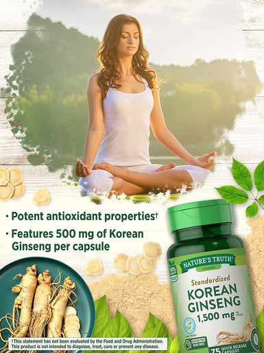 Korean Ginseng Capsules | 75 Count | Standardized Extract from Ginseng Root | Non-GMO, Gluten Supplement | by Nature's Truth