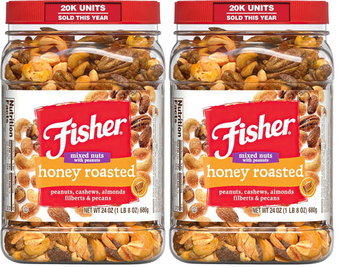 Fisher Snack Honey Roasted Mixed Nuts with Peanuts, 24 Ounces | Peanuts, Cashews, Almonds, Filberts, Pecans