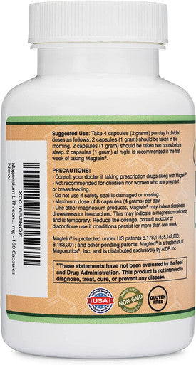Magnesium LThreonate Capsules Original Magtein Formula Patented and Clinically Studied High Absorption Bioavailable Form for Cognitive Function and Sleep Support 2000 mg 100 Capsules