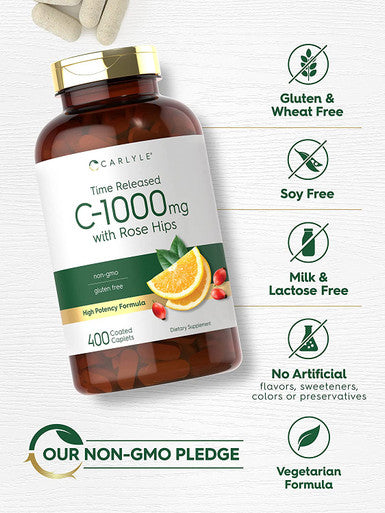 Carlyle Vitamin C 1000mg with Rose Hips | 400 Caplets | Vegetarian | Non-GMO & Gluten Free Supplement