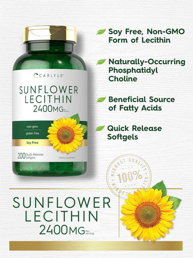 Carlyle Sunflower Lecithin Softgel Capsules | 2400mg | 200 Count | Rich in Phosphatidyl Choline | Non-GMO Soy Gluten Supplement