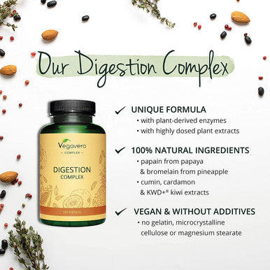 Digestive Enzyme VegaveroÃƒâ€šÃ‚Â® | 100% Natural | Papain, Bromelain & KWD+Ãƒâ€šÃ‚Â® and Plant Extracts | Without Additives | 180 Vegan Capsules