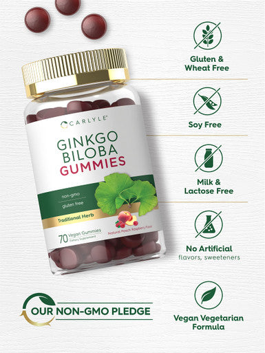 Carlyle Ginkgo Biloba 300Mg | 70 Gummies | 45:1 Leaf Extract | With Natural Peach Raspberry Flavor | Vegan, Non-Gmo, Gluten Free