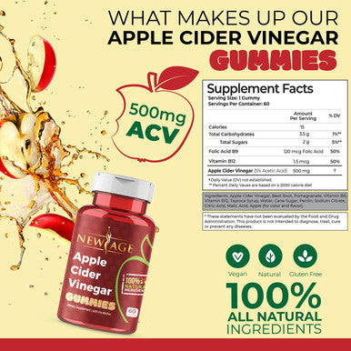 Apple Cider Vinegar Gummies by New Age - 2-Pack - 120 Count - Immunity & Detox - with The Mother, Gluten-Free, Vegan, Vitamin B9, B12, Pomegrantate, Beetroot (2 Pack 120 Count)