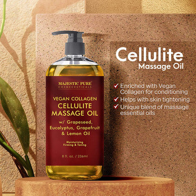 MAJESTIC PURE Cellulite Massage Oil - with Vegan Collagen & Stem Cells, Unique Blend of Massage Essential Oils - Anti Cellulite Oil Improves Skin Tightening and Firming, 8 fl oz