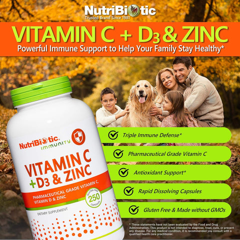 Nutribiotic â€“ Vitamin C + Vitamin D3 & Zinc 250 Capsules Potent Comprehensive Immune Support Essential & Antioxidant Daily Supplement Gluten & Gmo