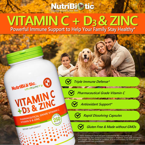 NutriBiotic Vitamin C + Vitamin D3 and Zinc Potent Comprehensive Immune Support Essential and Antioxidant Daily Supplement Gluten and GMO 250 Capsules
