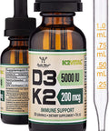 Vitamin D3 K2 Liquid Drops 5000 IU of D3 and 200mcg of 99.9 AllTrans Patented K2 MK7 K2Vital Max Absorption Immune Support for Kids and Adults 30 Servings by Double Wood Supplements