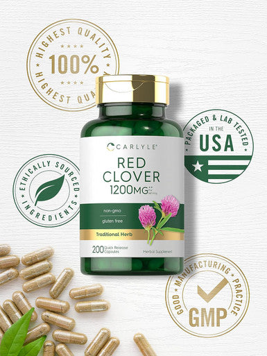 Carlyle Red Clover Capsules 1200mg | 200 Count | Trifolium Pratense | Non-GMO Gluten | Red Clover Blossom Extract Supplement
