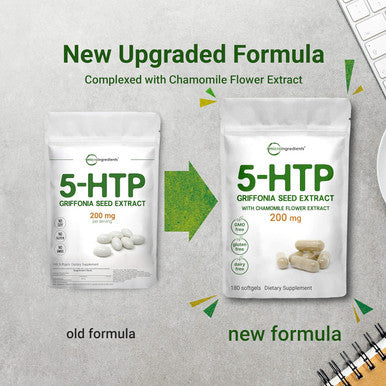 Micro Ingredients 5-HTP 200mg with Chamomile Flower Extract 180 Capsules 2 in 1 Formula 98% Griffonia Seed Extract Enhanced with Chamomile | Highly Bioavailable for Mood Sleep & Relaxation