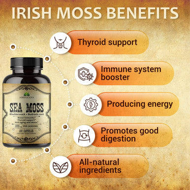 HERBALICIOUS Sea Moss Capsules - 1000 Mg Irish Sea Moss With Bladderwrack And Burdock Root For Immune Support, Thyroid Supplement, Healthy Skin, And Detox - 100 Irish Sea Moss Capsules