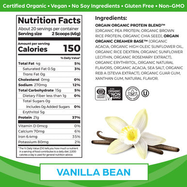 Orgain Organic Vegan Protein Powder, Vanilla Bean - 21g of Plant Based Protein, Low Net Carbs, Gluten Free, Lactose Free, No Sugar Added, Soy Free, Kosher, Non-GMO, 2.03 Lb