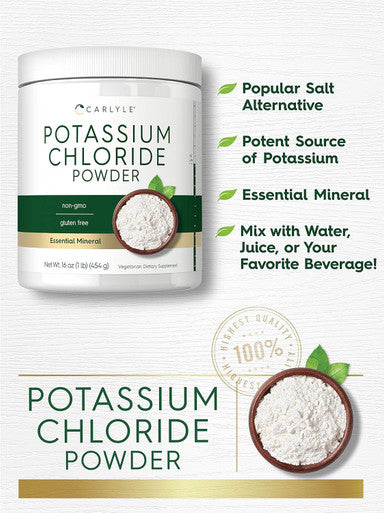 Carlyle Potassium Chloride Powder Supplement 16 oz Food Grade Salt Substitute Vegan Vegetarian Non GMO Gluten