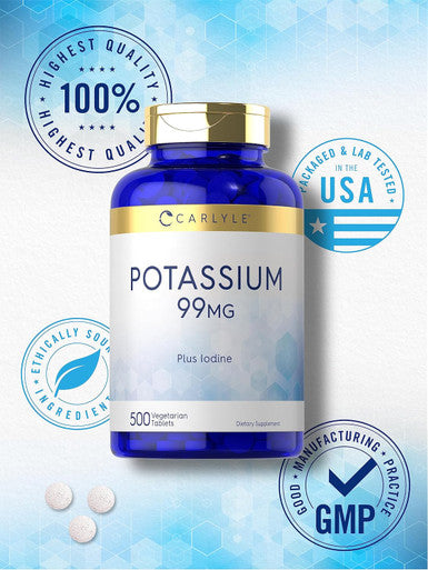 Carlyle Potassium 99mg | Plus Iodine | 500 Vegetarian Tablets | Non-GMO and Gluten Supplement