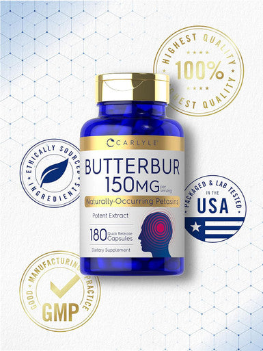 Carlyle Butterbur 150 mg | 180 Capsules | Potent Extract | Neurological Support Supplement | Non-GMO Gluten PA