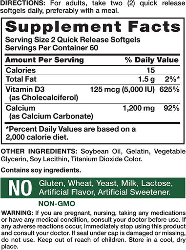Absorbable Calcium 1200 mg with Vitamin D3 5000 IU | 120 Softgels | Calcium Carbonate Supplement | Non-GMO Gluten | Nature's Truth