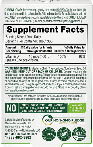 Carlyle Vitamin D3 Baby Drops | 400 IU | .31oz (9.2 mL) | 1 Year Supply (365 Servings) | Vegetarian, Non-GMO, and Gluten Free Drops for Infants and Newborns