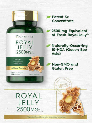 Carlyle Royal Jelly Capsule | 2500mg | 120 Count | Non-GMO and Gluten Formula | Traditional Supplement
