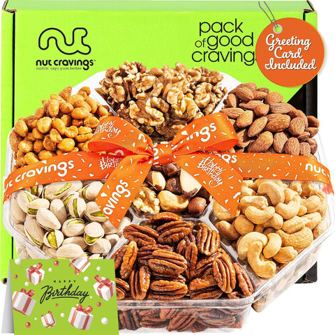 NUT CRAVINGS - Purim Mishloach Manot Mixed Nuts Gift Basket + Green Ribbon (7 Assortments, 1 LB) Ramadan Gifts Treats for Adults, Food Arrangement, Healthy Snack Care Package, Kosher