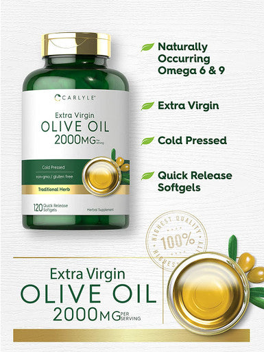 Olive Oil Supplement 2000mg 120 Softgels Cold Pressed Extra Virgin Olive Oil Non-GMO Gluten Free by Carlyle