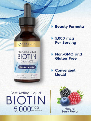 Carlyle Biotin Liquid Drops 5000mcg | 4 fl oz | Berry Flavor | Vegetarian Non-GMO & Gluten Supplement
