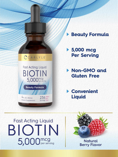 Carlyle Biotin Liquid Drops 5000Mcg | 4 Fl Oz | Natural Berry Flavor | Vegetarian, Non-Gmo & Gluten Free Supplement