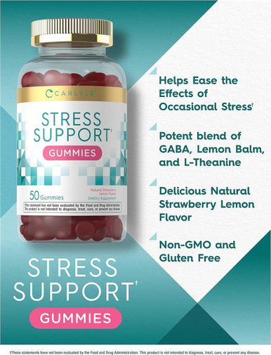 Carlyle Stress Support Gummies | 50 Count | with GABA and L-Theanine | Strawberry Lemon Flavor | Non-GMO Gluten Supplement