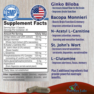 YUMMYVITE Nootropic Brain Booster - Memory & Brain Support Supplement With Ginkgo Biloba, Bacopa Monnieri - 30 Capsules