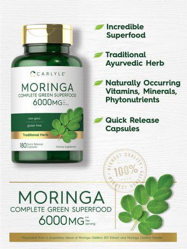 Carlyle Moringa Oleifera | 180 Capsules | Non-Gmo And Gluten Free Supplement | Complete Green Superfood | From Moringa Leaf Powde
