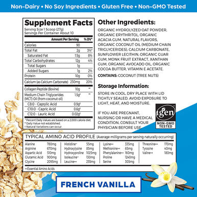 Orgain Collagen Creamer with Organic Oatmilk Powder French Vanilla 10g of Hydrolyzed GrassFed Collagen 1g of Sugar Made with MCT Avocado and Coconut Oil No Dairy or Soy NonGMO 10 oz
