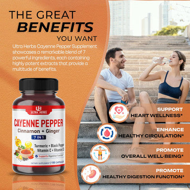 Ultra Herbs Cayenne Pepper 7 IN 1 - 16250mg - with Ginger Turmeric Cinnamon Black Pepper - Promotes Digestive System Function (150-day supply (pack of 1))