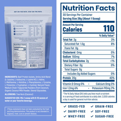 NativePath Complete Beef Protein Powder Isolate ÃƒÂ¢Ã¢â€šÂ¬Ã¢â‚¬Å“ Grass-Fed Pasture-Raised Dairy & Lactose Free Gluten Free Zero Sugar MCTs & Amino Acids ÃƒÂ¢Ã¢â€šÂ¬Ã¢â‚¬Å“ 20g Protein Vanilla Flavor 30 Servings