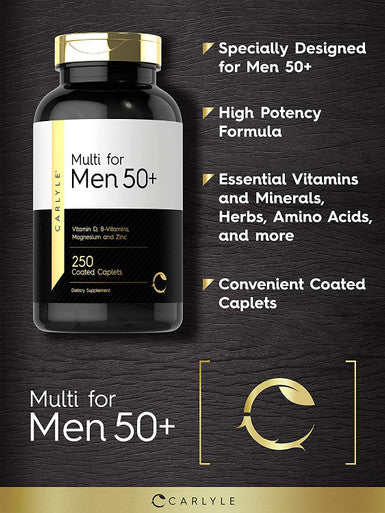 Carlyle Multivitamin for Men 50 Plus | 250 Caplets | with B Vitamins, Vitamin D, Magnesium & Zinc | Gluten Free Supplement