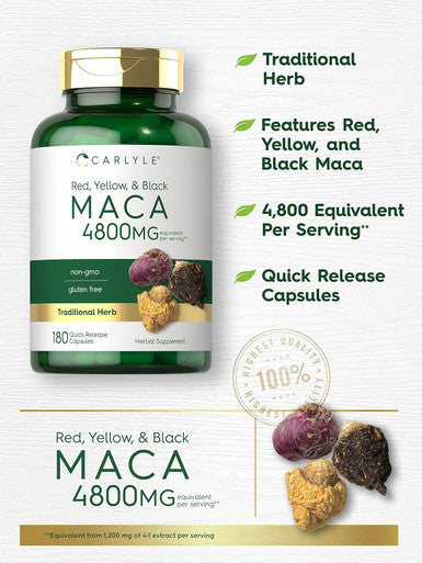 Carlyle Maca Root Capsules | 4800mg | 180 Count | High Potency Extract | Non-GMO and Gluten Formula