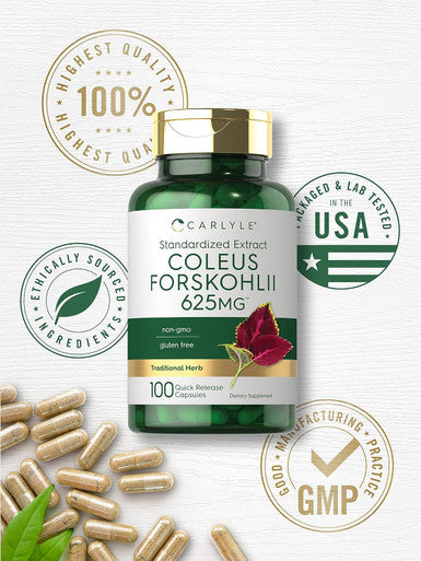 Carlyle Coleus Forskohlii Capsules | 625mg | 100 Count | Non-GMO & Gluten Standardized Extract | Forskolin Supplement