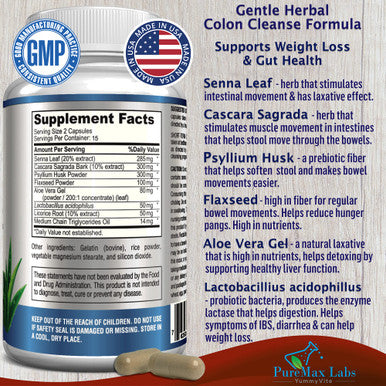 YUMMYVITE 15 Day Colon Cleanse And Detox, Herbal Detox Formula, Supports Weight Loss, Constipation Relief - Boosts Energy. Flush Toxins, Natural Safe Colon Cleanser For Men And Women - 30 Capsules