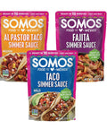 SOMOS Variety Simmer Sauce - 1 Taco Pouch + 1 Pastor Pouch + 1 Fajita Pouchs - Gluten Free - Plant Based - Non-GMO - All Natural - Perfect for Steak, Chicken, & More - 8oz (3 Pack)