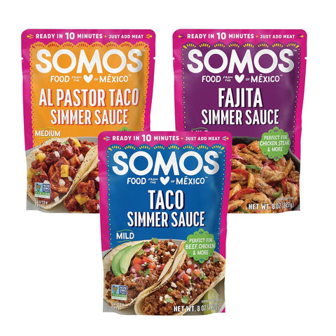 SOMOS Variety Simmer Sauce - 1 Taco Pouch + 1 Pastor Pouch + 1 Fajita Pouchs - Gluten Free - Plant Based - Non-GMO - All Natural - Perfect for Steak, Chicken, & More - 8oz (3 Pack)