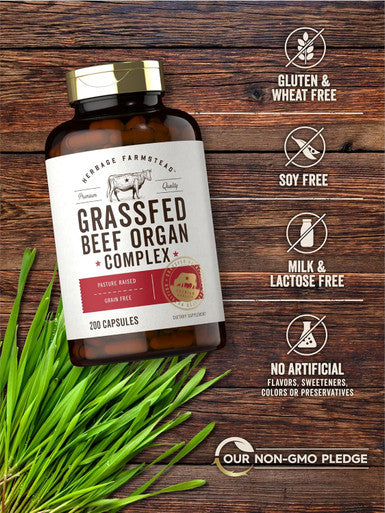 Carlyle Grass Fed Beef Organ Complex | 200 Capsules | Pasture Raised Grain Supplement | with Desiccated Liver Kidney Pancreas Heart Spleen | Non-GMO Gluten | by Herbage Farmstead