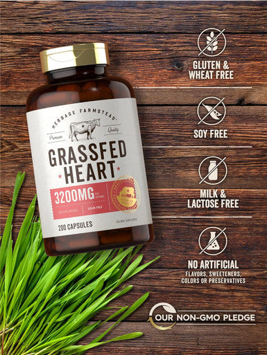 Carlyle Grass Fed Beef Heart Supplement | 3200mg | 200 Count | Desiccated Pasture Raised Bovine Capsules | Non-GMO Gluten | by Herbage Farmstead