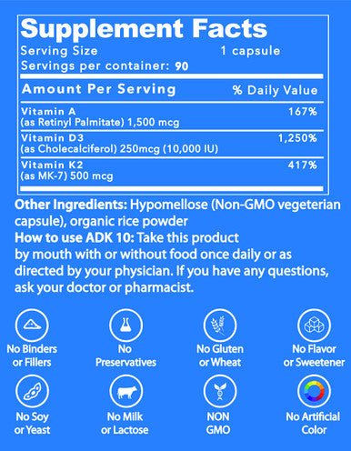 Life Strength Adk 10 Supplement (90 Ct) - Physician Formulated Vitamins A1, D3 & K2 (As Mk7) For Bone Health - Immune System Support - Gluten Free, Soy Free, Non-Gmo - Pack Of 1