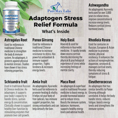 YUMMYVITE Adaptogen Stress Relief Immune Support Formula - Adaptogenic Adrenal Support With Ashwagandha, Astragalus, Ginseng, Holy Basil, Rhodiola, Amla, Maca, Schisandra, Non-Gmo - 60 Capsules