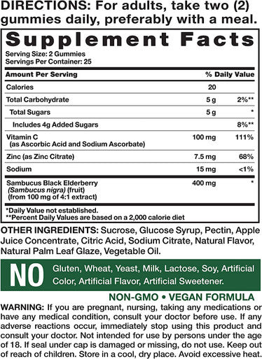 Sambucus Black Elderberry Gummies | 50 Count | with Vitamin C and Zinc | Natural Berry Flavor | Vegan, Non-GMO, Gluten | Extract Gummies for Adults | by Nature's Truth