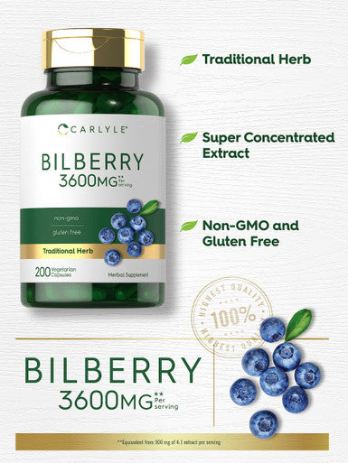 Carlyle Bilberry Extract Capsules | 3600Mg | 200 Count | Vegetarian, Non-Gmo, Gluten Free Fruit Supplement