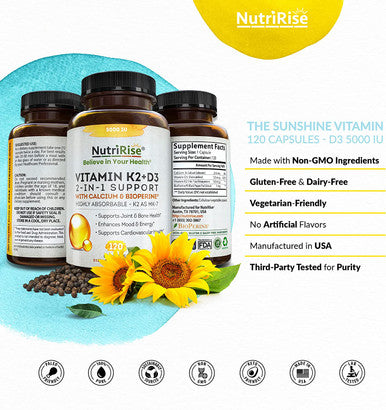 Vitamin K2 D3 Supplement with Calcium 5000 IU GlutenFree Immune Energy Support Vegetarian Capsules to Support Joint Comfort Maximum Potency Absorption with BioPerine