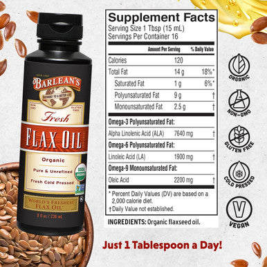 Barlean's Organic Flaxseed Oil Liquid from Fresh Cold Pressed Flax Seeds 7,640mg ALA Omega 3 Fatty Acid Supplement for Skin and Hair Care Vegan and Gluten Free 8 oz