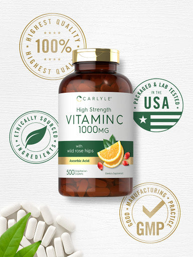 Carlyle Vitamin C 1000Mg | 500 Vegetarian Caplets | Ascorbic Acid With Wild Rose Hips | High Strength Formula | Non-Gmo And Glute