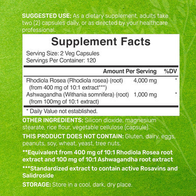 Deal Supplement Rhodiola Rosea with Ashwagandha 5000mg Per Serving 240 Veggie Capsules Max Strength 10:1 Root Extract Adaptogenic Supplements for Relaxation Energy & Brain Health Non-GMO