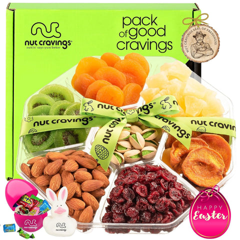NUT CRAVINGS - Purim Mishloach Manot Mixed Nuts Gift Basket + Green Ribbon (7 Assortments, 1 LB) Ramadan Gifts Treats for Adults, Food Arrangement, Healthy Snack Care Package, Kosher