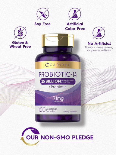 Carlyle Probiotics 25 Billion CFU | with Prebiotics | 100 Capsules | Vegetarian Non-GMO & Gluten Supplement | for Men & Women